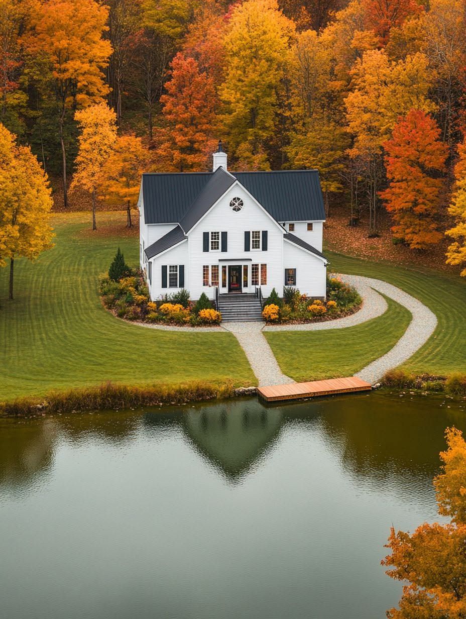 A white two-story house with black roof sits by a pond, surrounded by manicured lawn and colorful autumn trees.
