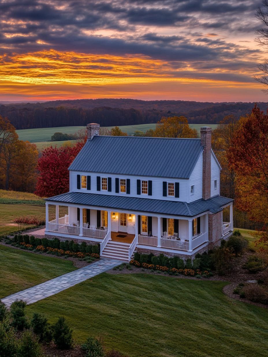 Two-story white house with a porch sits on a well-kept lawn, surrounded by autumn trees, under a colorful sunset sky.