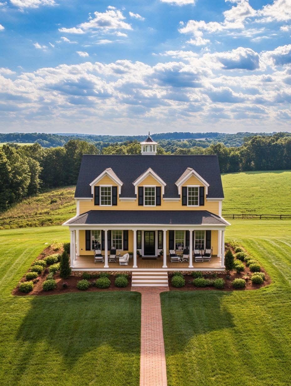 A yellow two-story house with a covered front porch sits on a large, manicured lawn surrounded by open fields and trees under a partly cloudy sky.