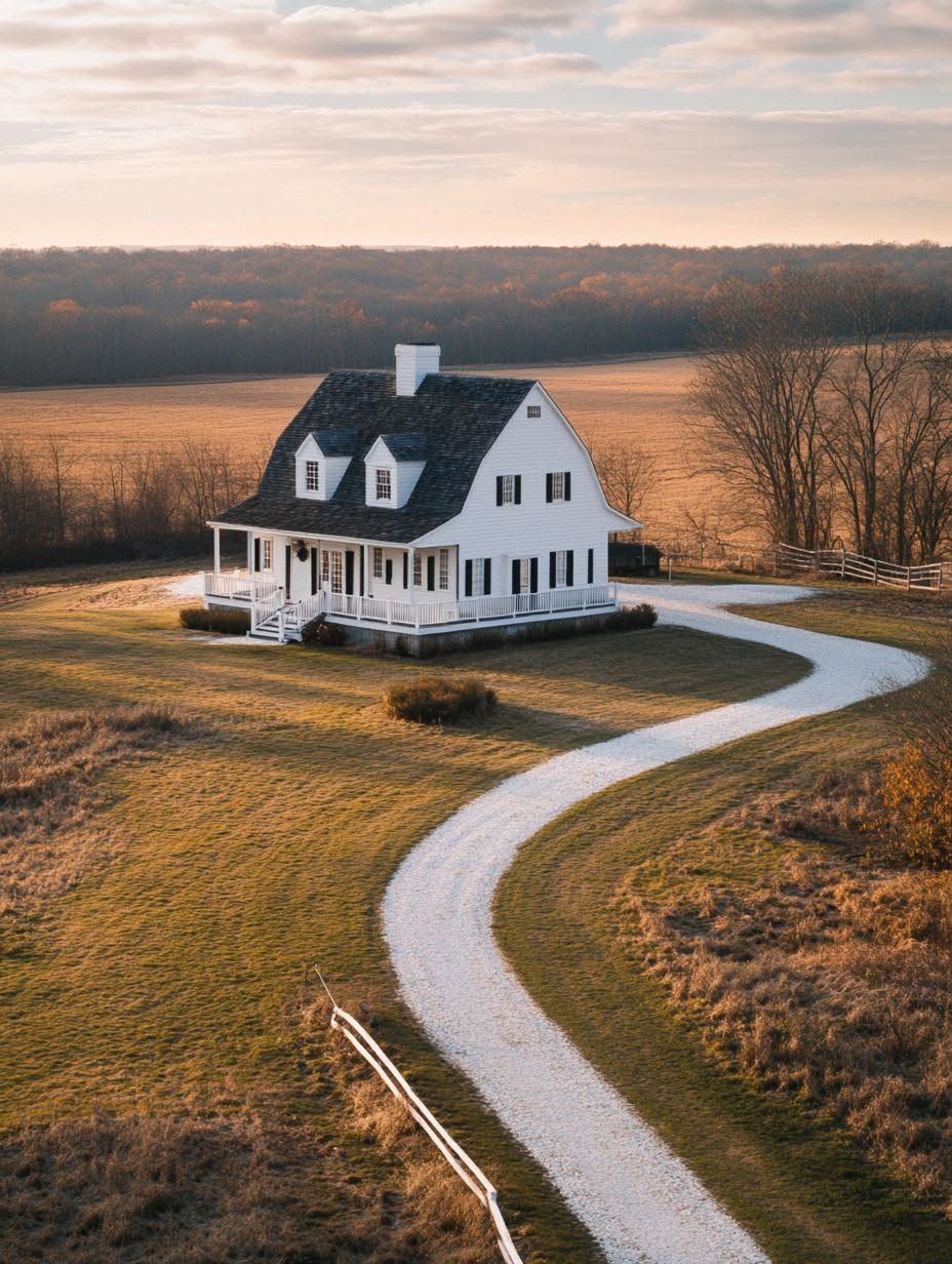 A white two-story farmhouse with a front porch sits in a large grassy field, reached by a winding gravel driveway, under a partly cloudy sky.