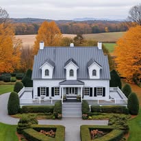 A white two-story house with a gray roof sits amid landscaped gardens and autumn trees under a cloudy sky.