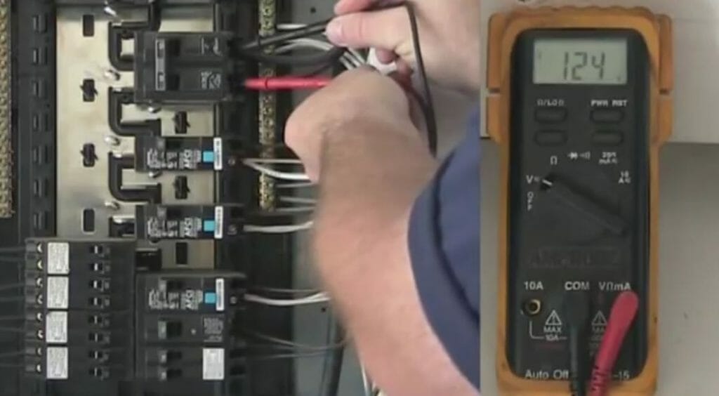 A 250 reading on the multimeter as the man testing the circuit breaker in a main panel