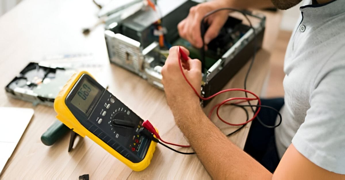 A technician testing the computer's motherboard with a multimeter