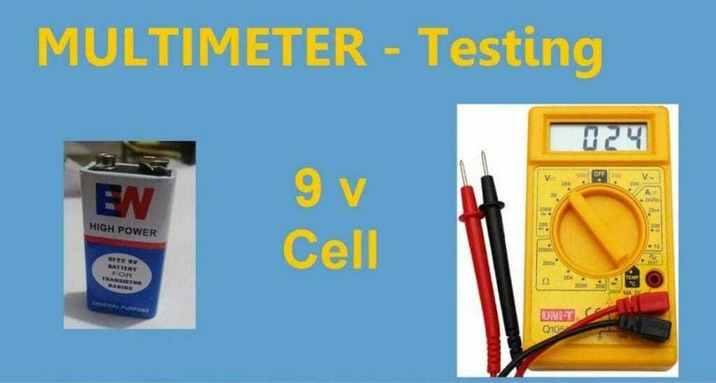 9v battery cell and a yellow multimeter