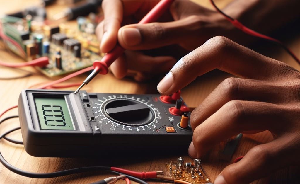 A man using a multimeter on the table