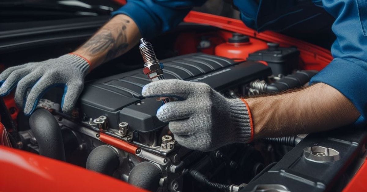 A mechanic holding and checking the spark plug of a car
