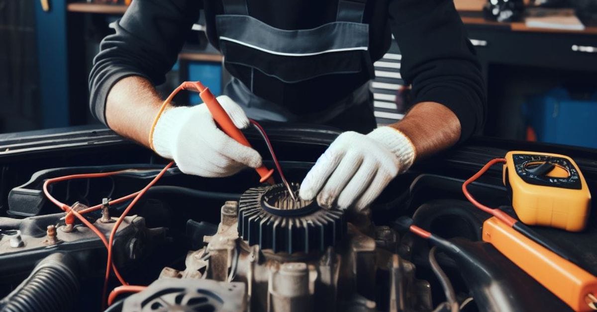 A mechanic wearing a white gloves is testing the ignition coil of a car with a multimeter