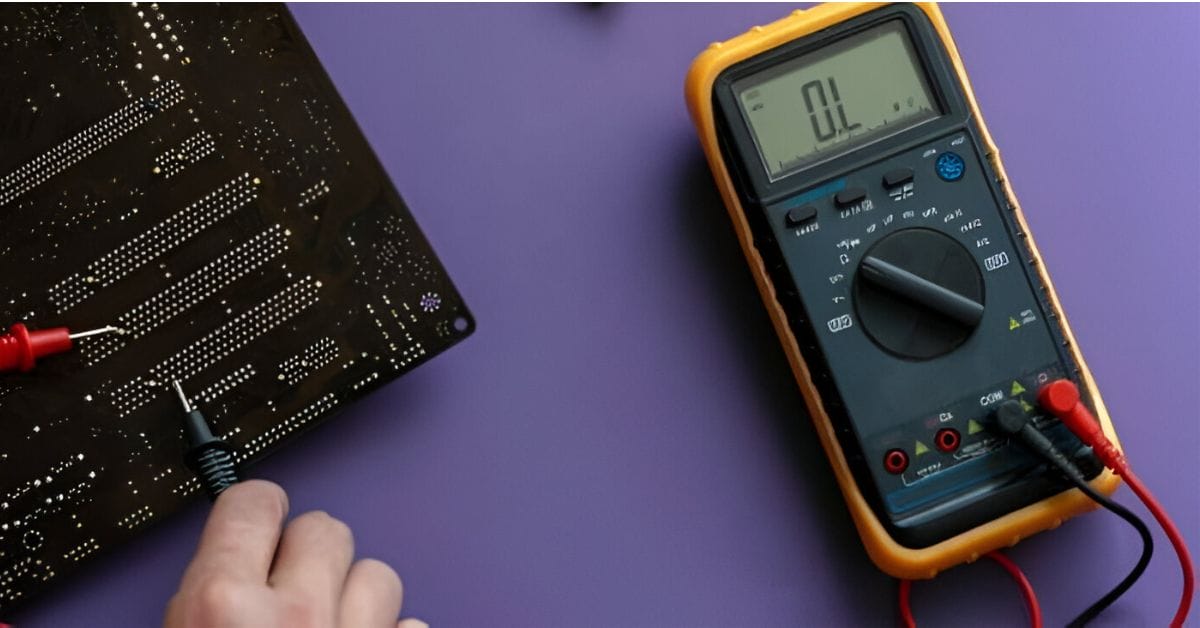 A person is testing a circuit board with a multimeter