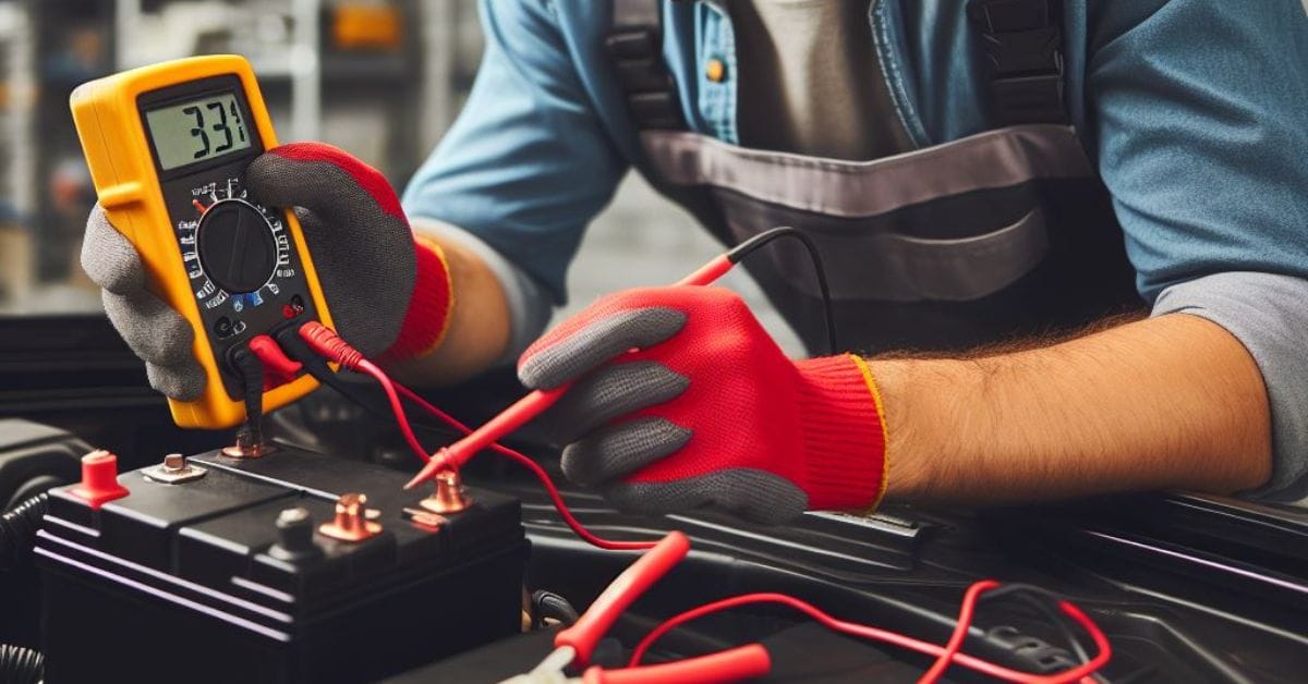 A person wearing a gray and red combination gloves is testing the car battery with a multimeter