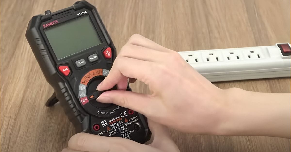 A woman setting up a multimeter on the table