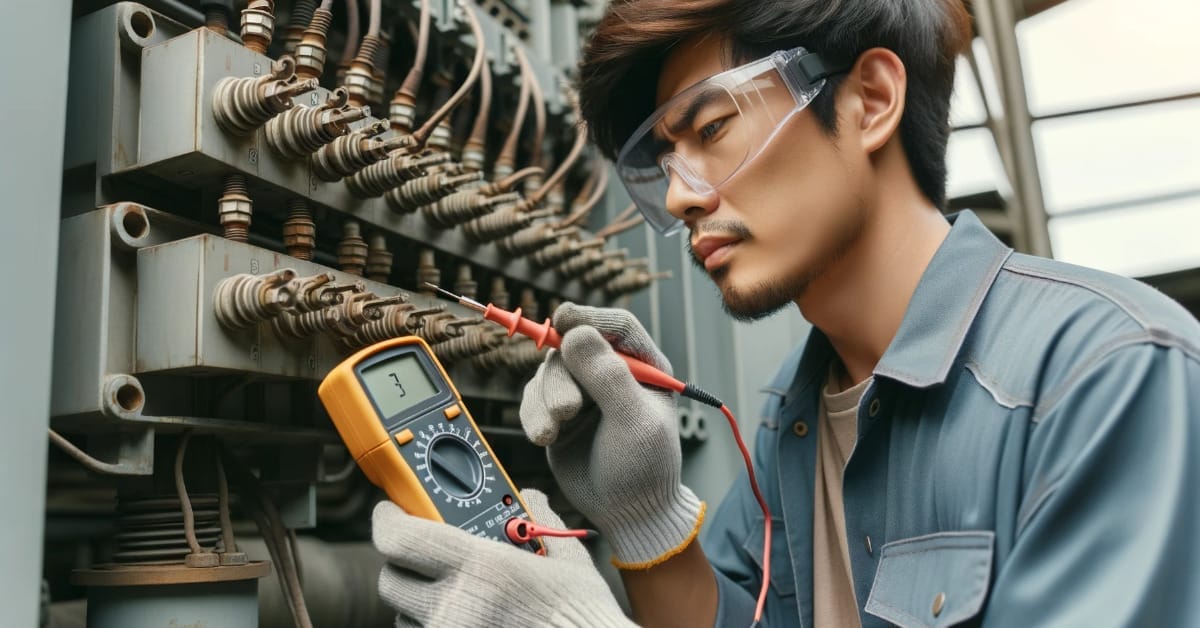 A man is working with a multimeter to test a transformer on a power station