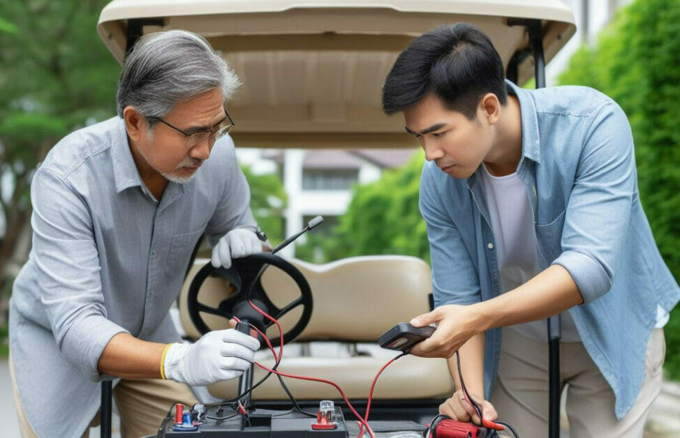Two men testing golf cart batteries with multimeter.