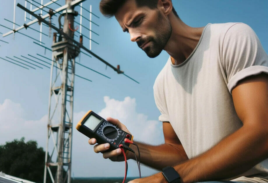 A man testing an antenna on a rooftop using a multimeter.