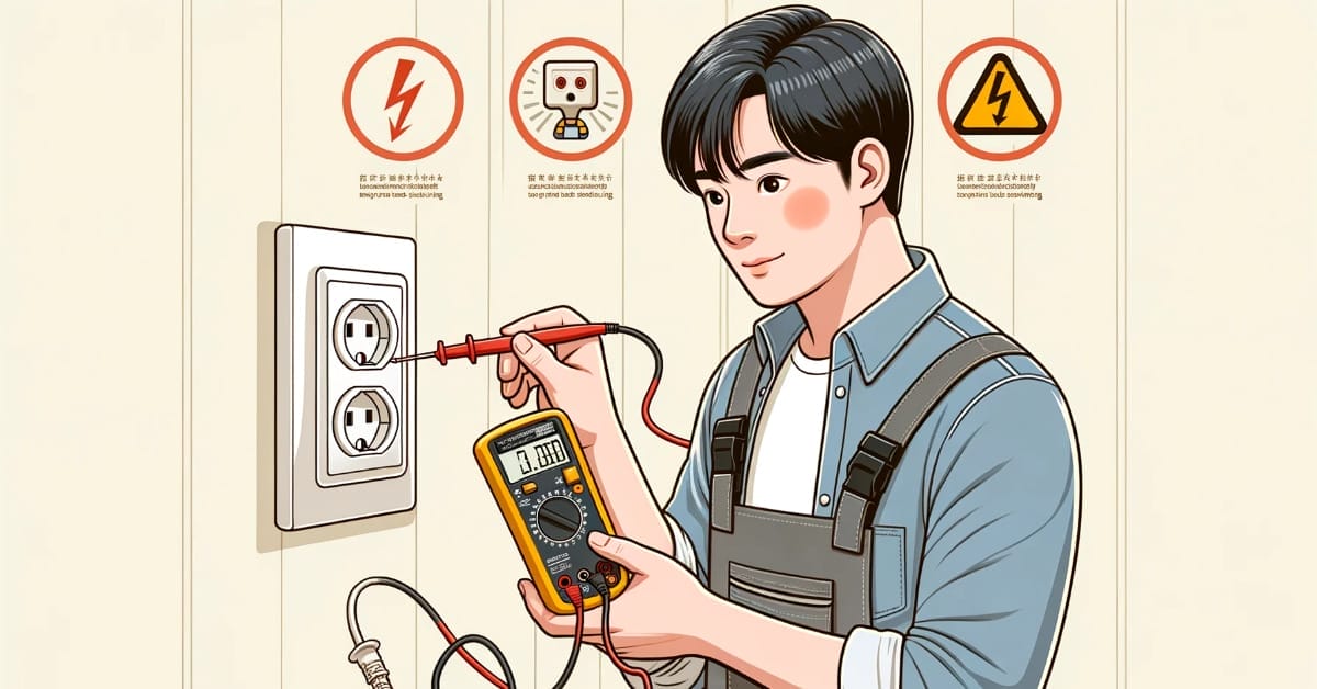 An illustration of an electrician testing an outlet on the wall with a multimeter