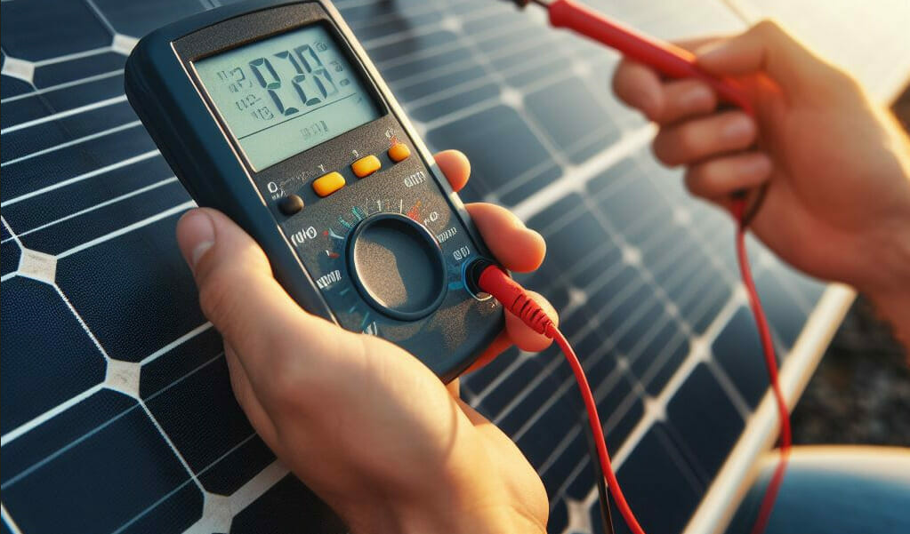 A person testing solar panels using a multimeter.