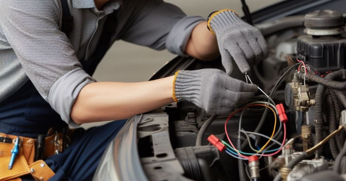 A mechanic in gray gloves checking the fuel pump wire