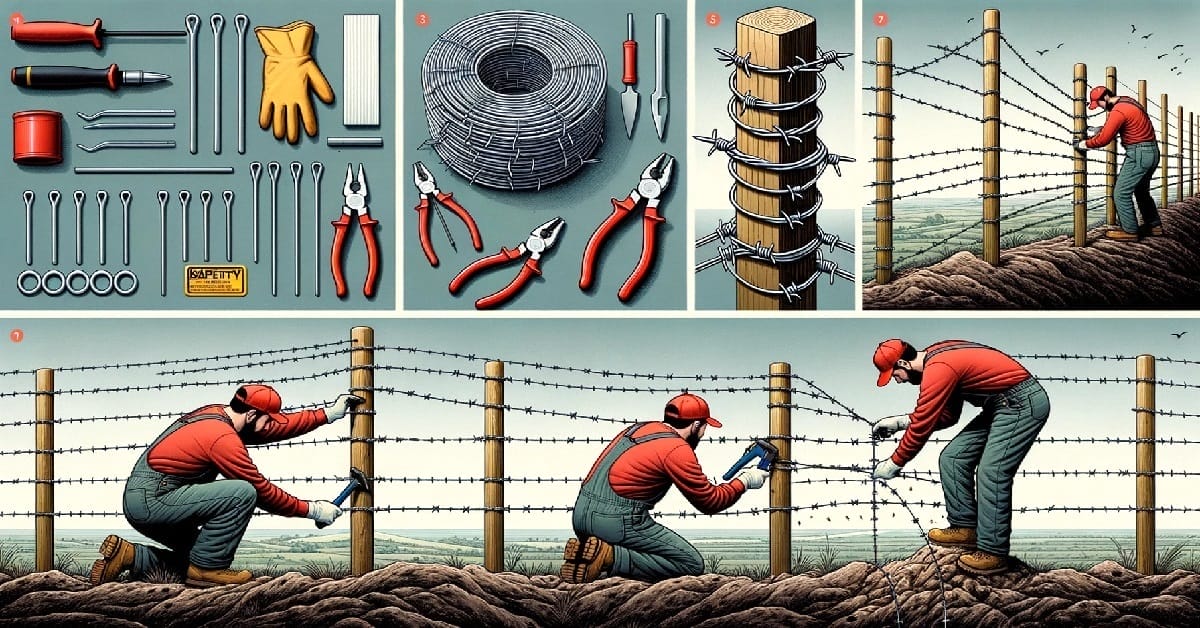 A illustration guide on how to install a barbed wire fence