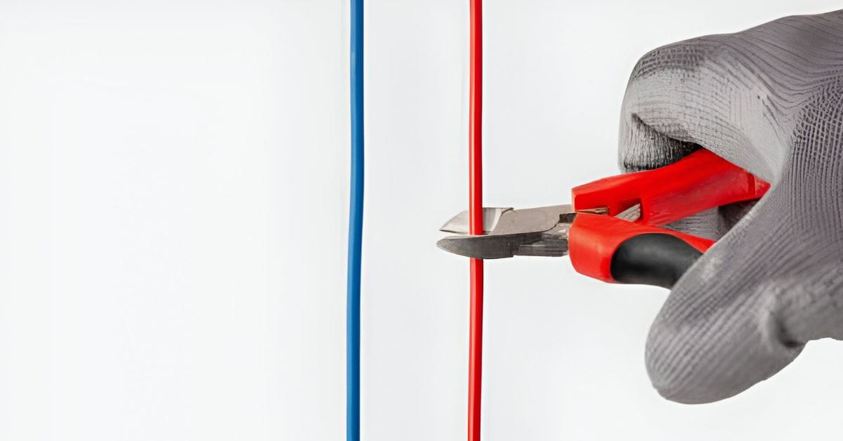 A person is holding a pair of wire cutter and cutting the red wire besides a blue wire