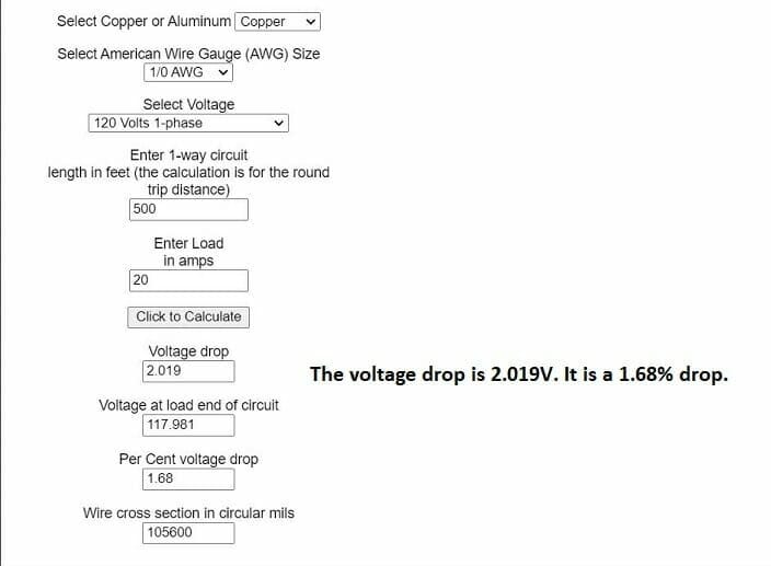 copper 1/0awg - 120v (voltage drop)
