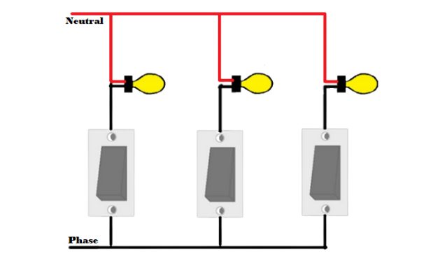 diagram: switch's rest terminal to the rest terminal of each bulb