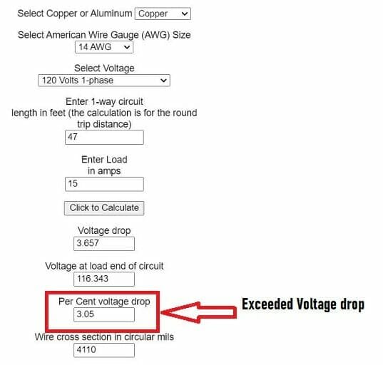 voltage calculator: exceeded voltage drop
