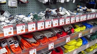 extension cord section of a hardware store