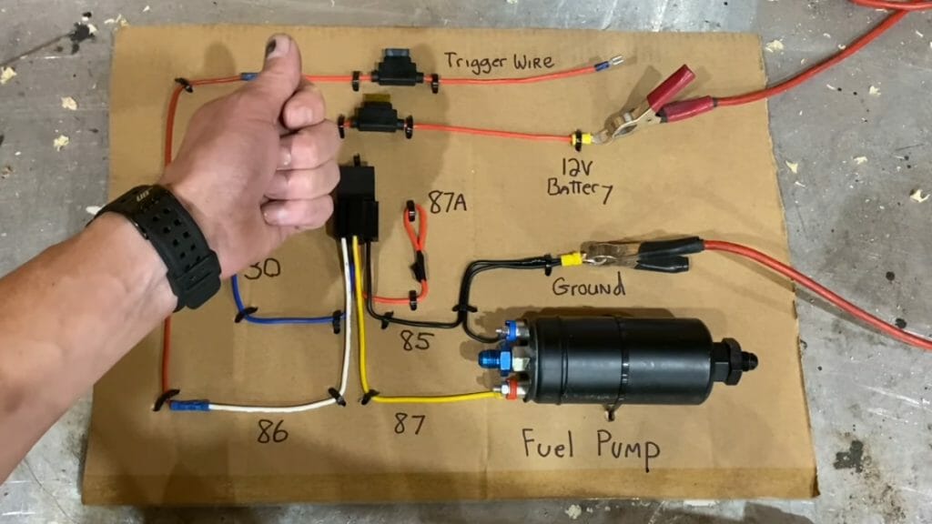 a thumbs up on a fuel pump diagram laid on cardboard