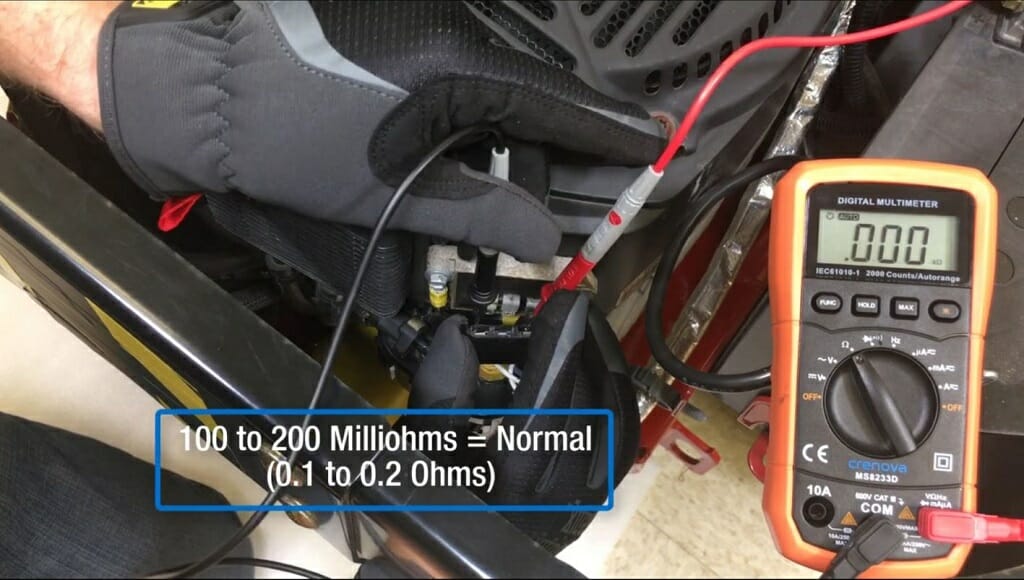 mechanic with black gloves holding a multimeter at an initial .000v reading