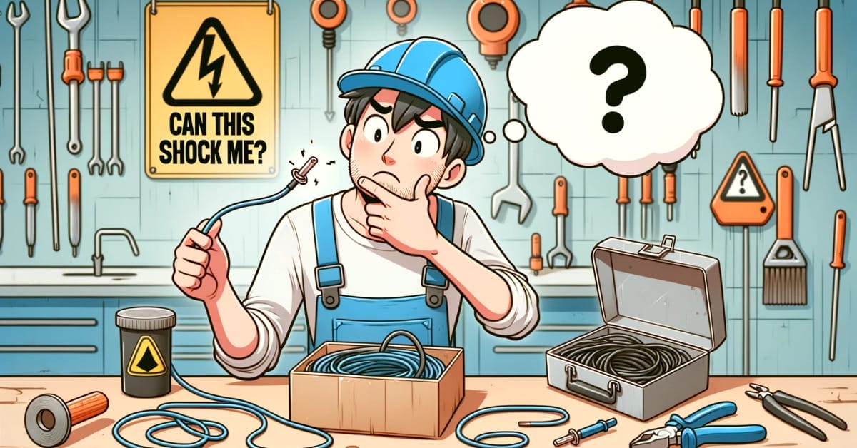 A man in a blue shirt with a question mark over his head wonders if a ground wire can shock you.