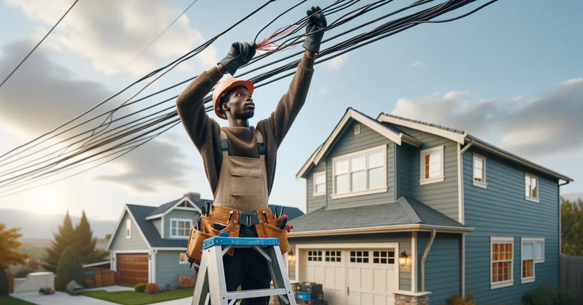 A statue of an electrical worker demonstrating how to run overhead electrical wire to a garage, on a ladder in front of a house.