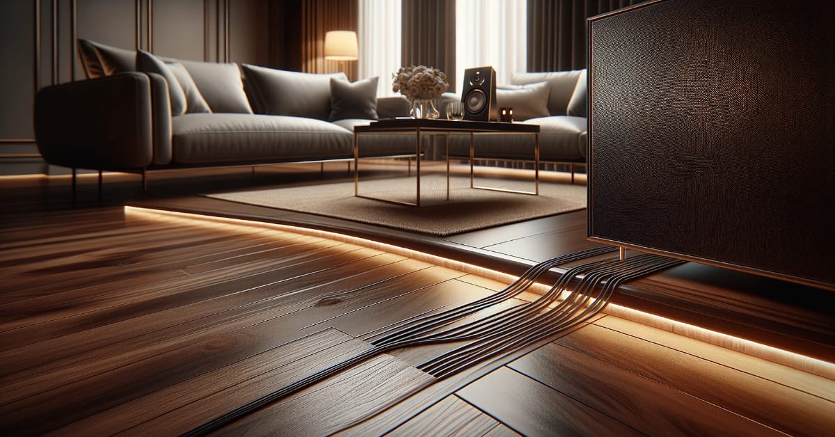 A living room with a wooden floor and a couch, designed to hide speaker wire under the hardwood floors.