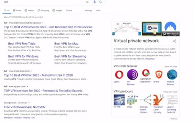 google search results for Virtual private network or VPN