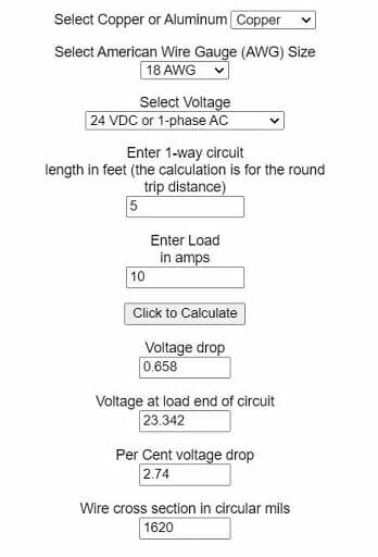 voltage drop calculator: 2.74v copper 18 awg