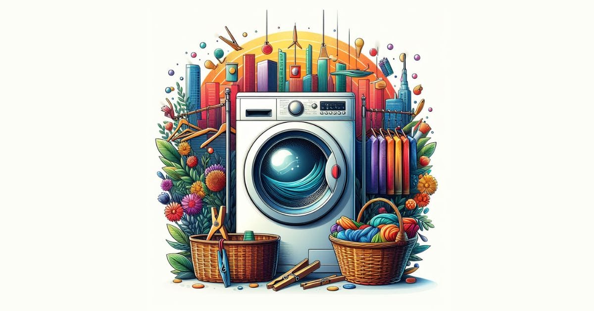 An illustration of a dryer with hang clothes and other tools