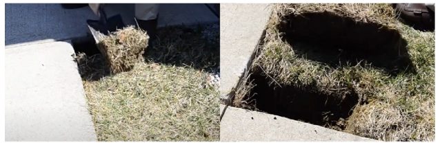 making a small hole using a shovel on one side of the sidewalk