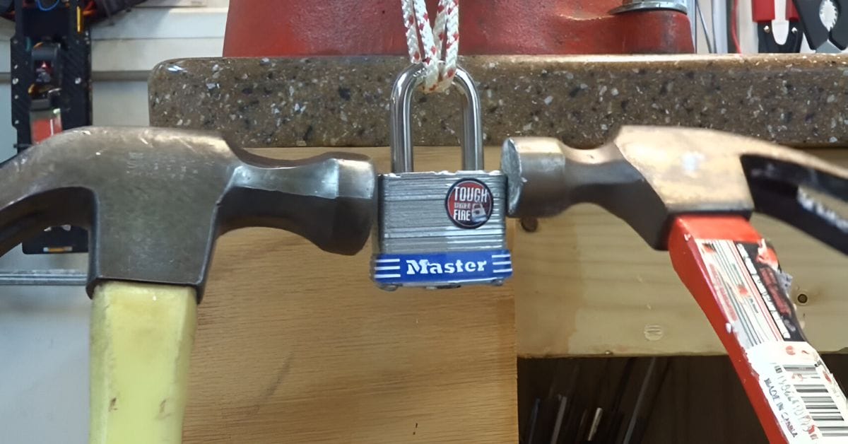 A padlock in between two hammers