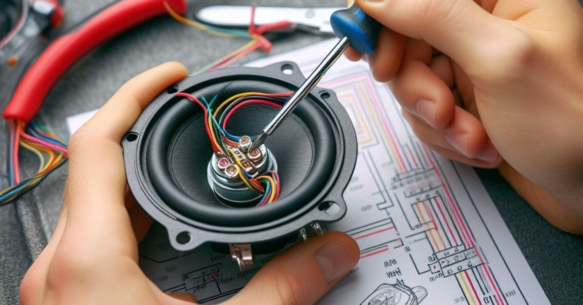A person is wiring a tweeter wire with diagram on the background