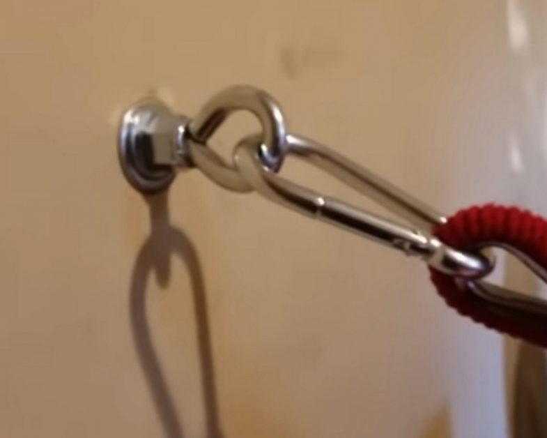 carabiner attached to a hook attached to a wall stud