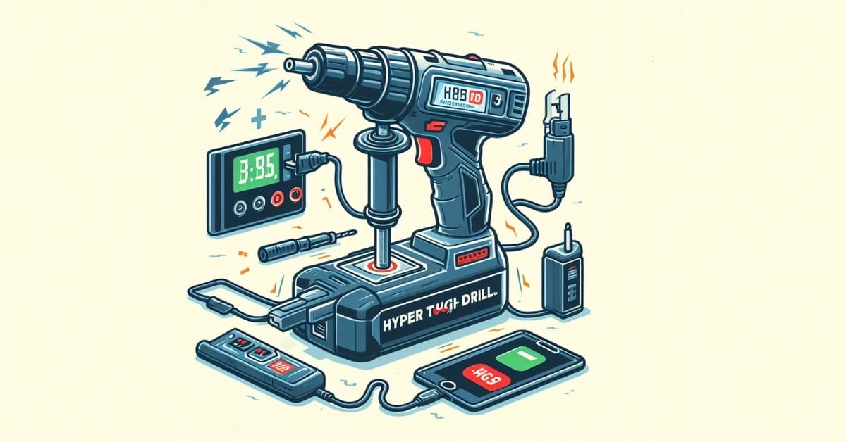 A detailed illustration of a power drill, showcasing its mechanical components and other electronic devices in the background