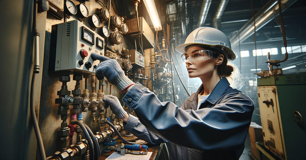 A woman in a hard hat is working on a machine in a factory