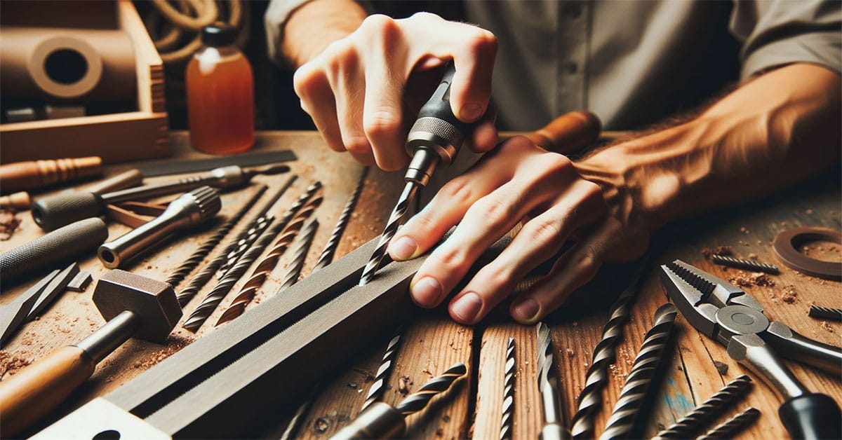 A man is meticulously using tools on a wooden table to sharpen drill bits with a file
