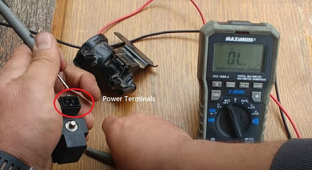 locating purge valve's power terminal and testing with multimeter