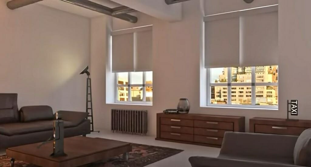 window blinds in a cozy apartment living room