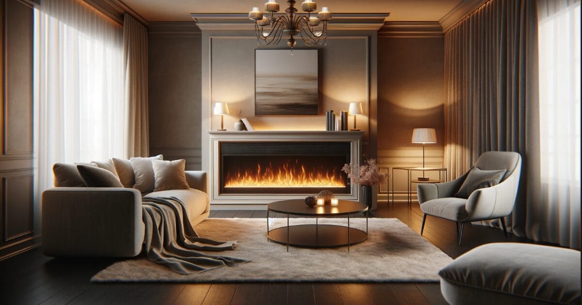 A modern living room with an electric fireplace as the focal point, surrounded by a comfortable sofa, a small coffee table, and warm, soft lighting.