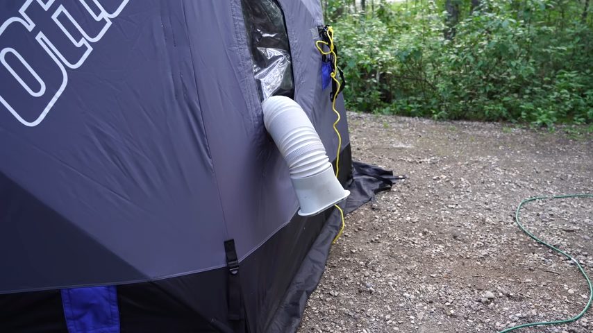 ventilation hose of a portable AC outside a tent
