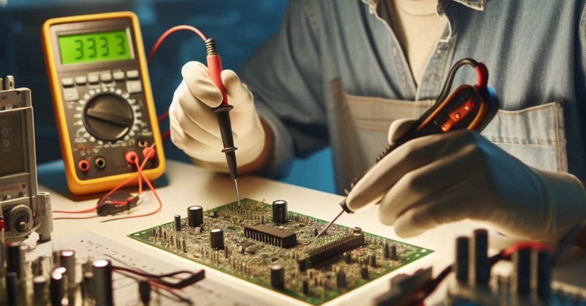 A man wearing white gloves is testing a capacitor in a circuit board with a multimeter