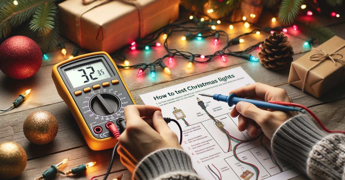 A person is using a multimeter to test the Christmas lights on a tree