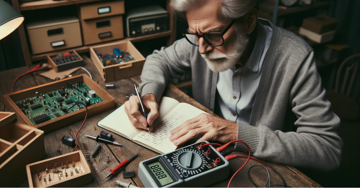 An older man working on electronics in his workshop, demonstrating how to read an analog multimeter.