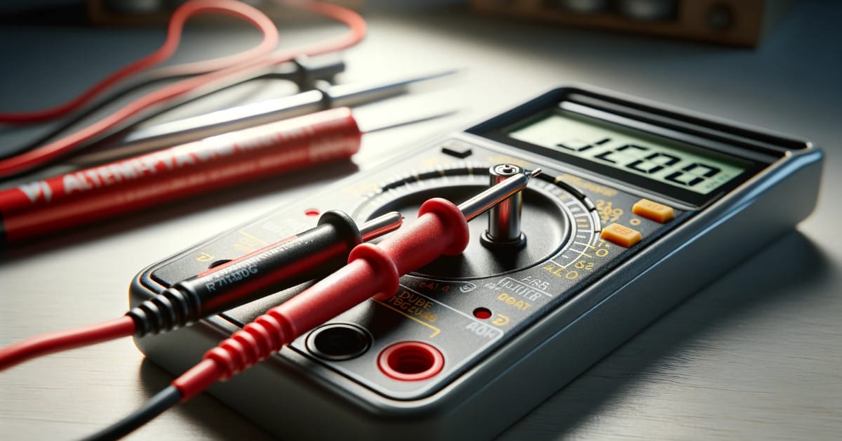 A multimeter is sitting on a table next to a pair of wires