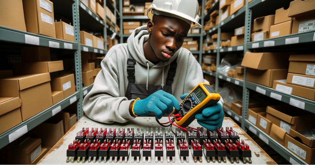 A black man working in a warehouse, demonstrating how to test fuses with a multimeter